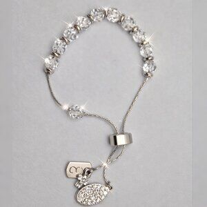 Adjustable Bolo Style Bracelet Clear Faceted Crystal Beads Silver Tone Charms